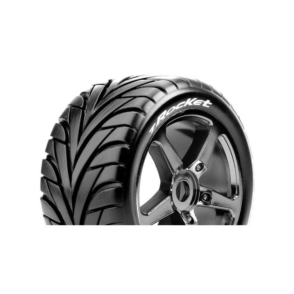 Neumáticos Louise RC T-ROCKET 1/8 Truggy Premontados Soft Llantas Black-Chrome 0-Offset Hex 17mm LR-T3250SBC