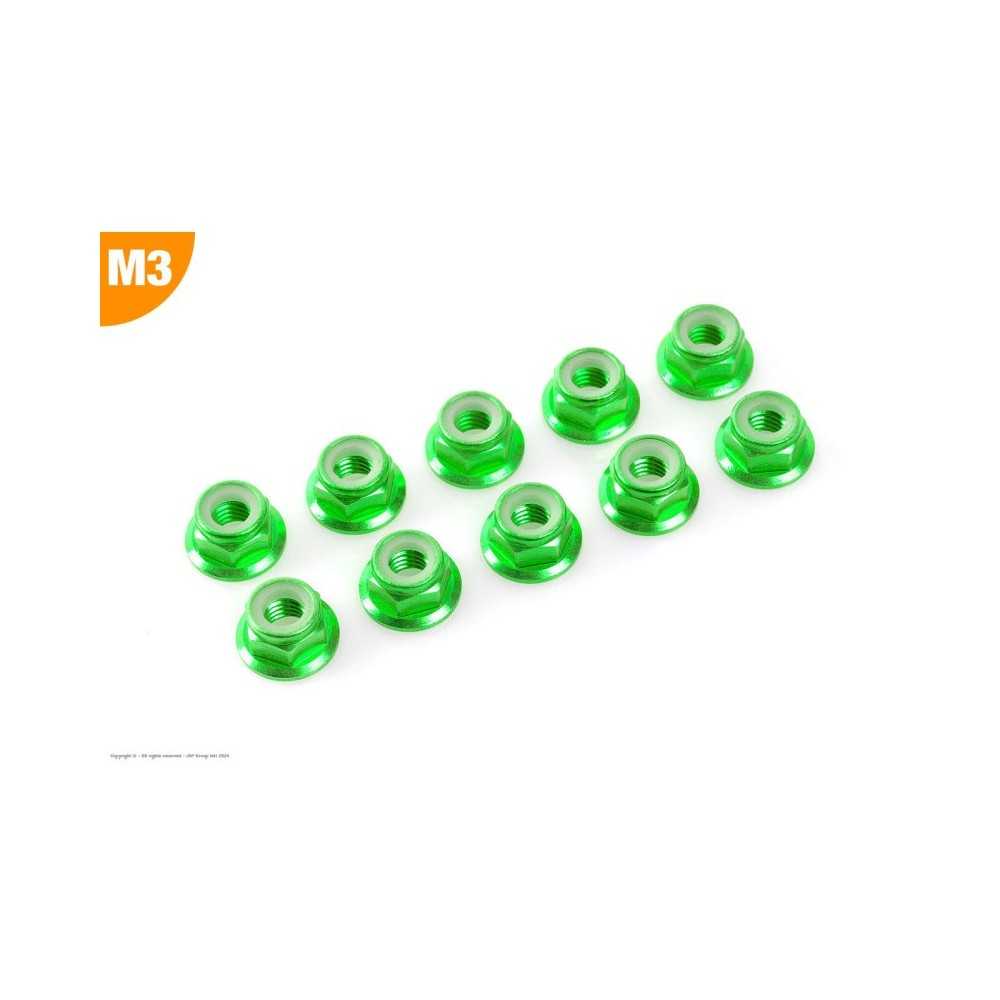 Revtec - Aluminium Nylstop Nut - M3 - Flanged - Green - 10 pcs GF-0401-031