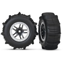 Ruedas SCT de radios divididos negras con neumáticos de palas, montadas y pegadas Traxxas TRX5891