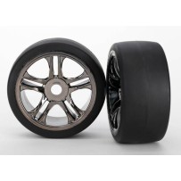 Ruedas montadas y pegadas llantas radios divididos cromo negro neumáticos slicks traseras Traxxas TRX6477