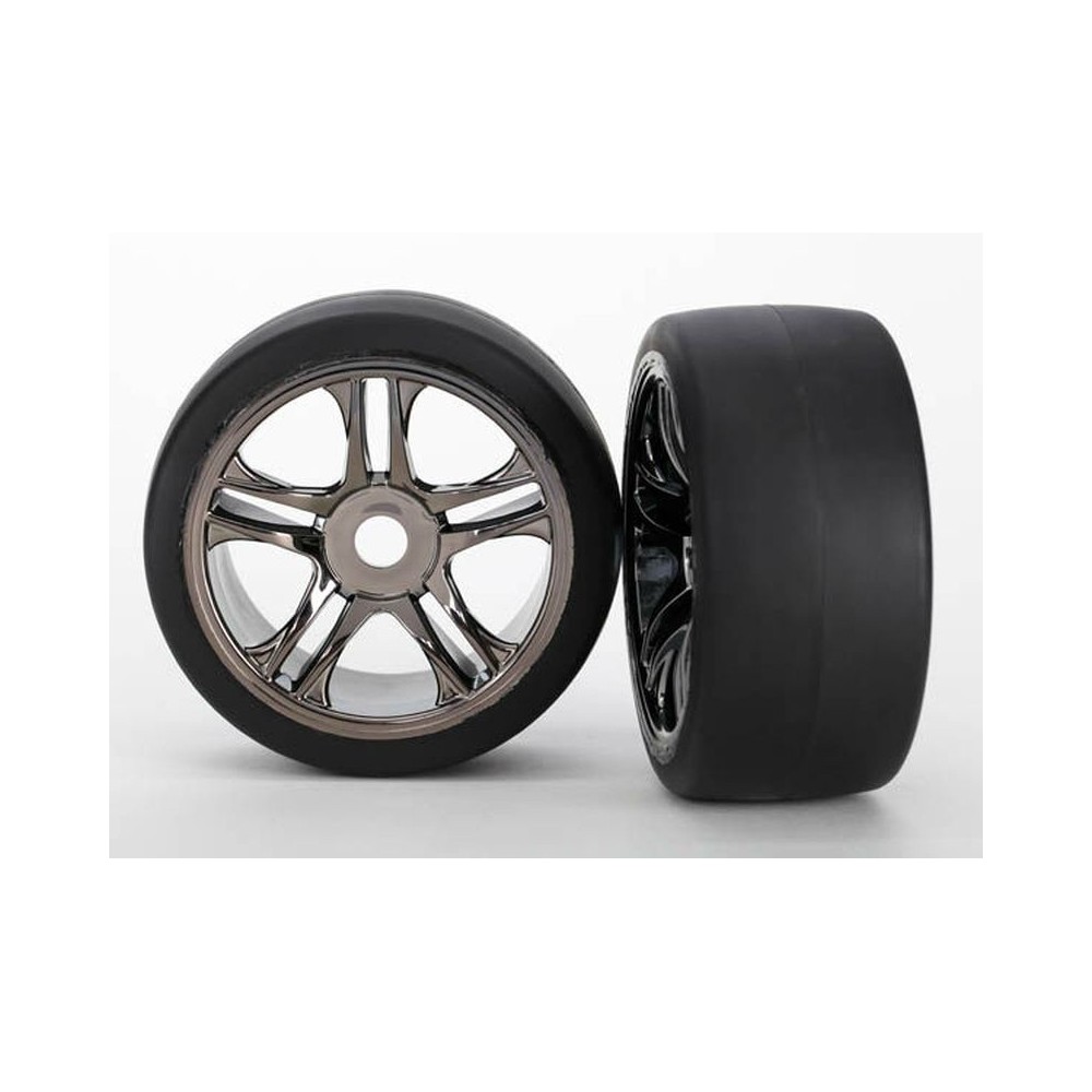Ruedas montadas pegadas radios cromo negro slicks delanteras Traxxas TRX6479 Ruedas montadas pegadas radios cromo negro slicks delanteras Traxxas TRX6479