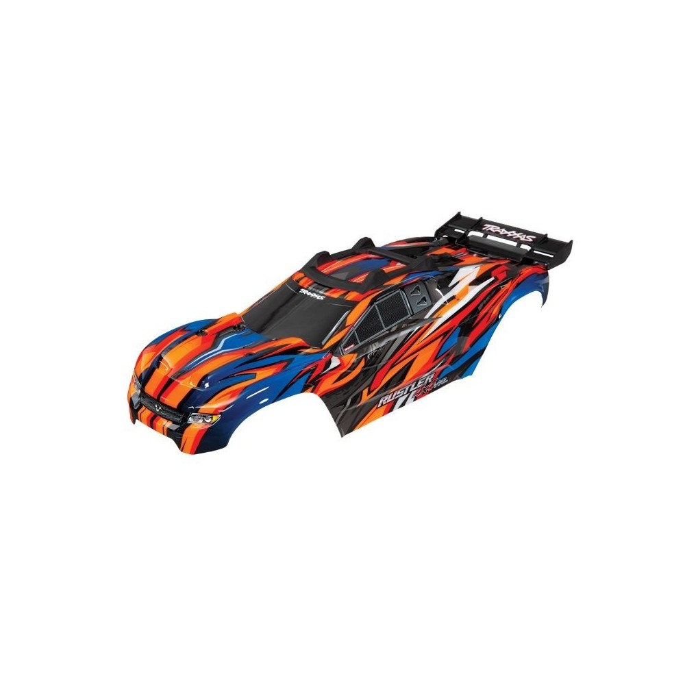 Carrocería Traxxas Rustler 4x4 VXL naranja con parrilla, ventanas y calcas instaladas – TRX6717T