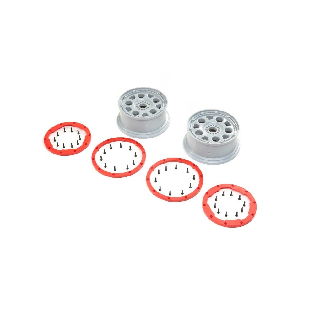 Losi 1-5 Front-Rear 4.75 Beadlock Wheels 24mm Hex Silver-Red (2): DBXL-E 2.0 - LOS45033 Losi 1-5 Front-Rear 4.75 Beadlock Wheels 24mm Hex Silver-Red (2): DBXL-E 2.0 - LOS45033