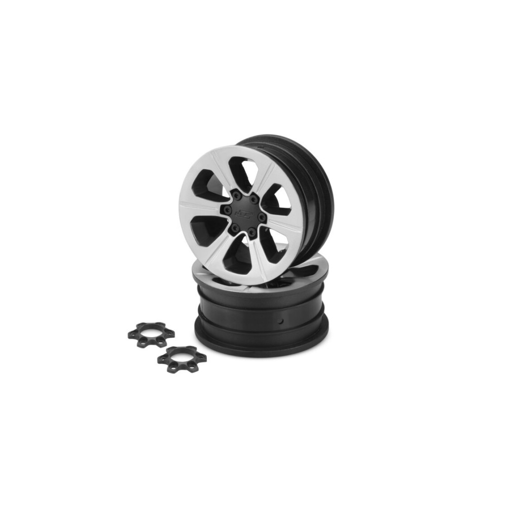 JConcepts Hustle - 1.9 Vaterra Ascender 12mm glue-on wheel - black with silver face plating - 2pc. JCO3373B JConcepts Hustle - 1.9 Vaterra Ascender 12mm glue-on wheel - black with silver face plating - 2pc. JCO3373B