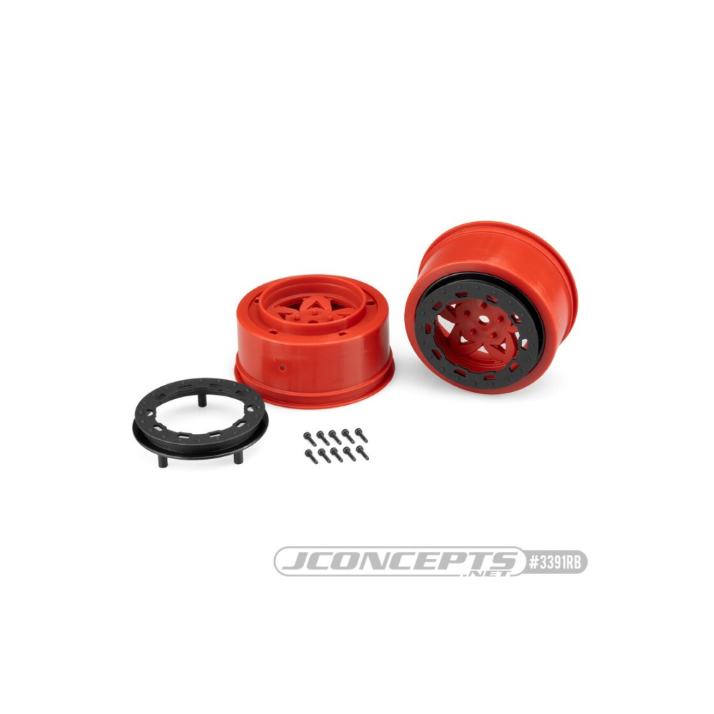 JConcepts Tremor, Slash rear, Slash 4x4 F&R wheel - red wheel / black beadlock - 2pc. JCO3391RB JConcepts Tremor, Slash rear, Slash 4x4 F&R wheel - red wheel / black beadlock - 2pc. JCO3391RB