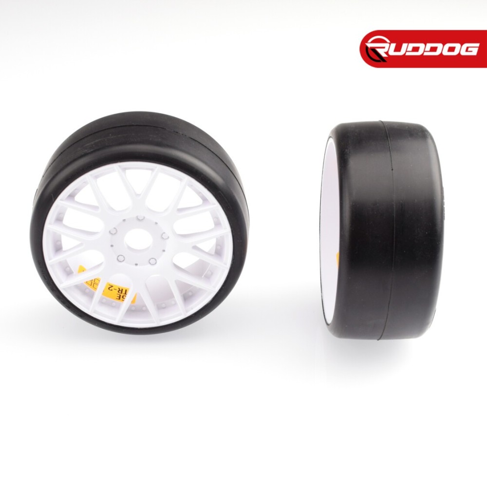 Sweep 1:8 GT-R2 Pro compound slick pre-glued tires 55deg with EVO16 White wheels pair (Double stage inserts) SR-GTR2-55EW16P